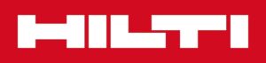 Logotyp: Hilti med vita versaler mot röd bakgrund.