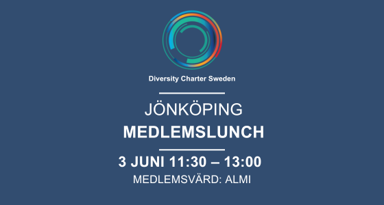 Inbjudan i blått textad med versaler i vitt som lyder: Jönköping: Medlemslunch 3 juni kl.11:30-13:00 Medlemsvärd: Almi samt ovanför en dekorativ logga med Diversity Charter Sweden