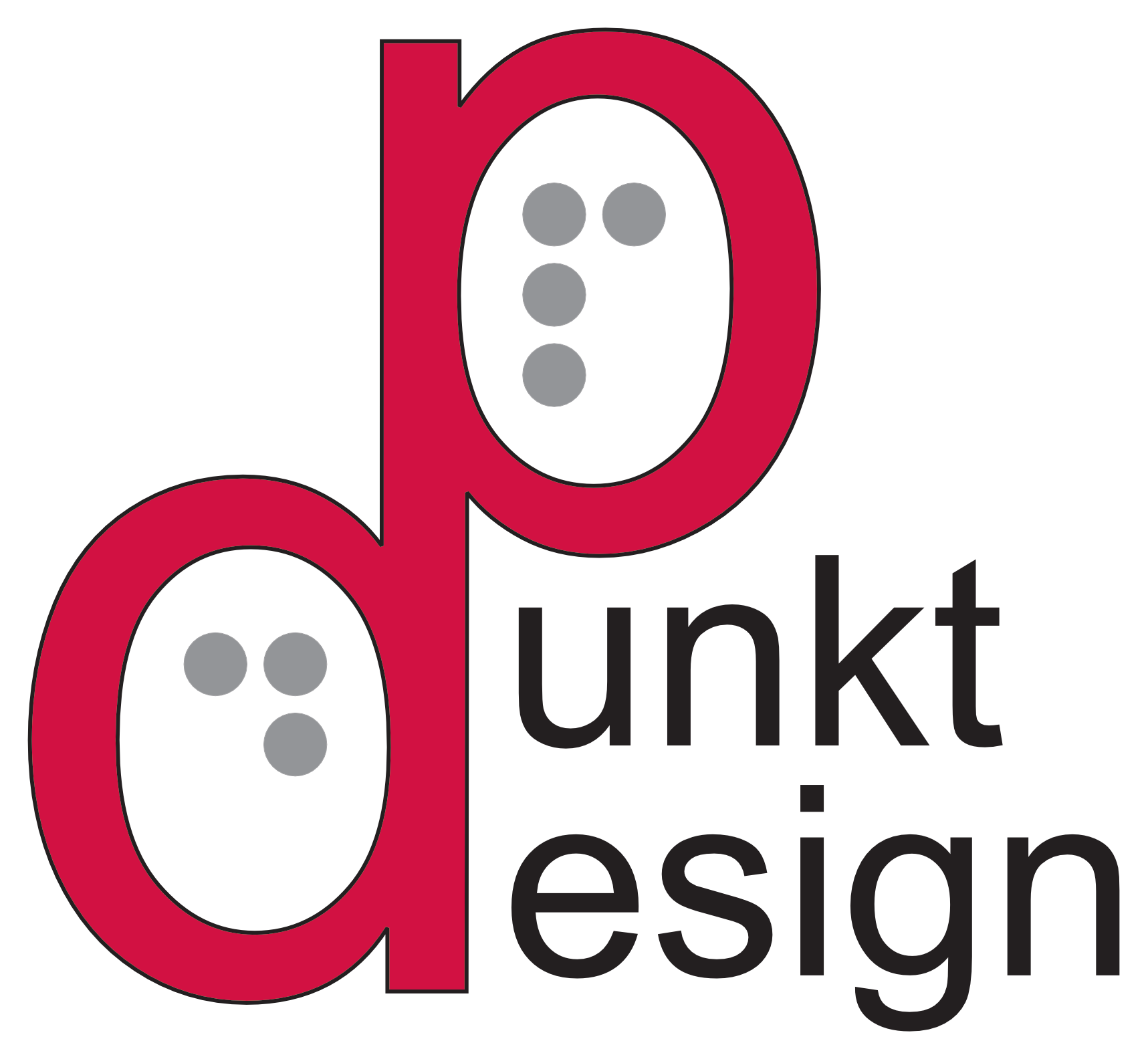 Logotyp för "punkt design" med stiliserade bokstäver och punkter