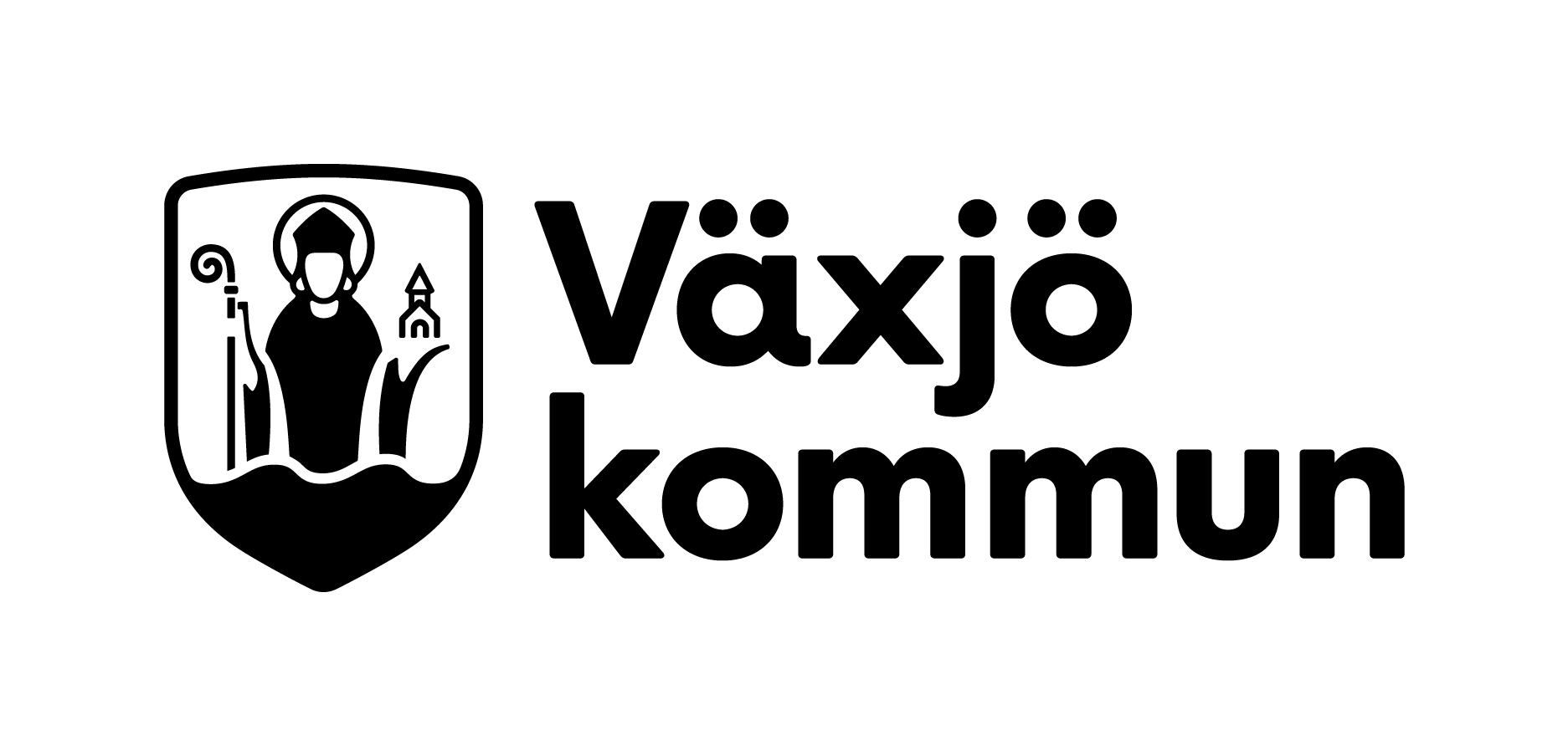 Växjö kommuns logotyp. Kommunens namn i svart, tillsammans med ett grafiskt emblem.
