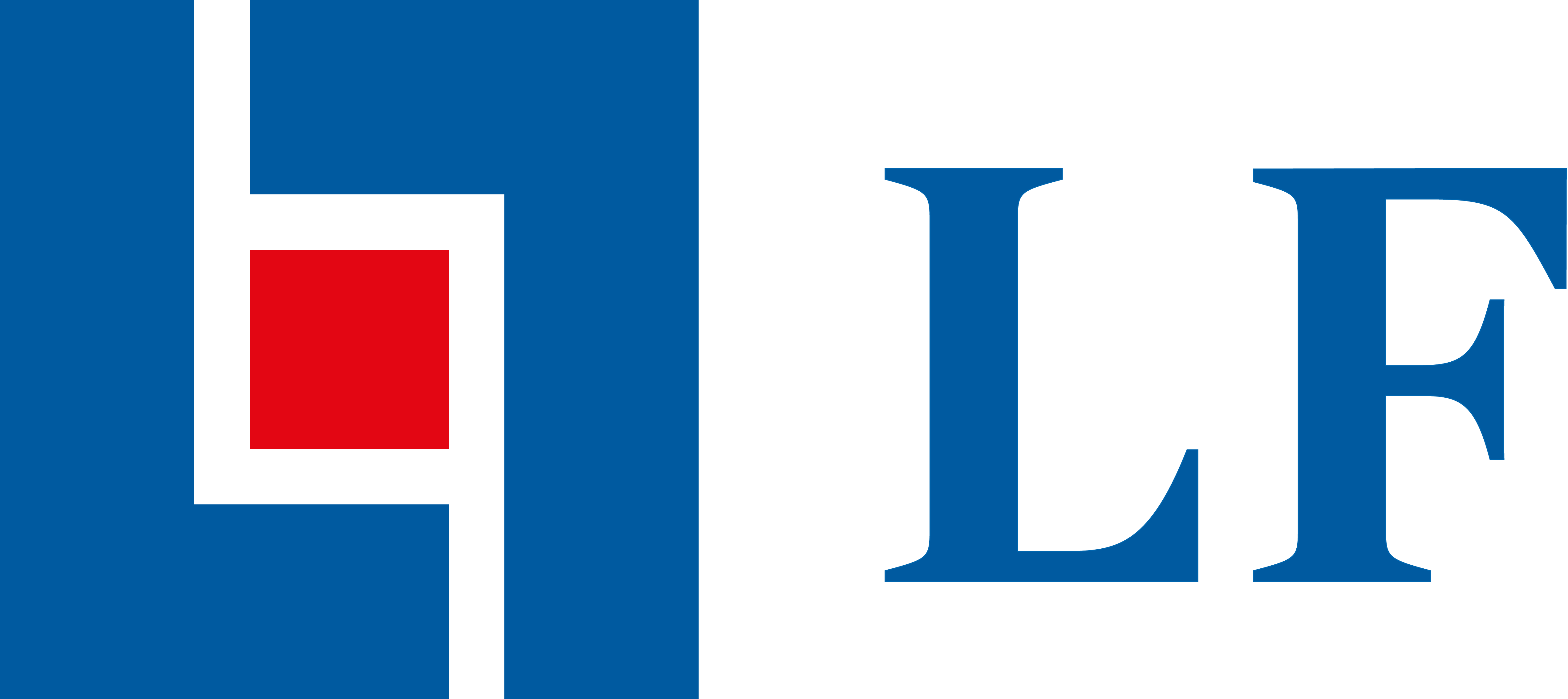 Länsförsäkringars logotyp med blå text mot vitbakgrund och dekorativa element i blått och rött.