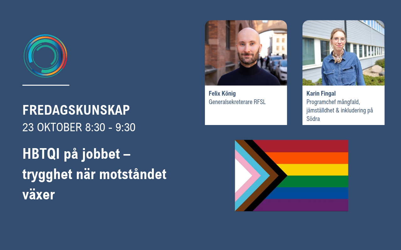 Inbjudan till Fredagskunskapen om hbtqia på jobbet med bilder på Felix och Karin.