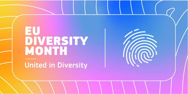 Färgglad banner med texten EU Diversity month. United in Diversity