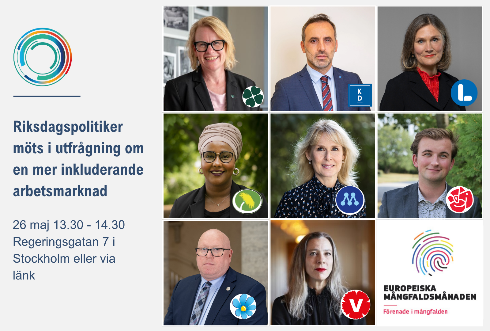 Politikerutfrågning. Bild och logga på alla deltagare.