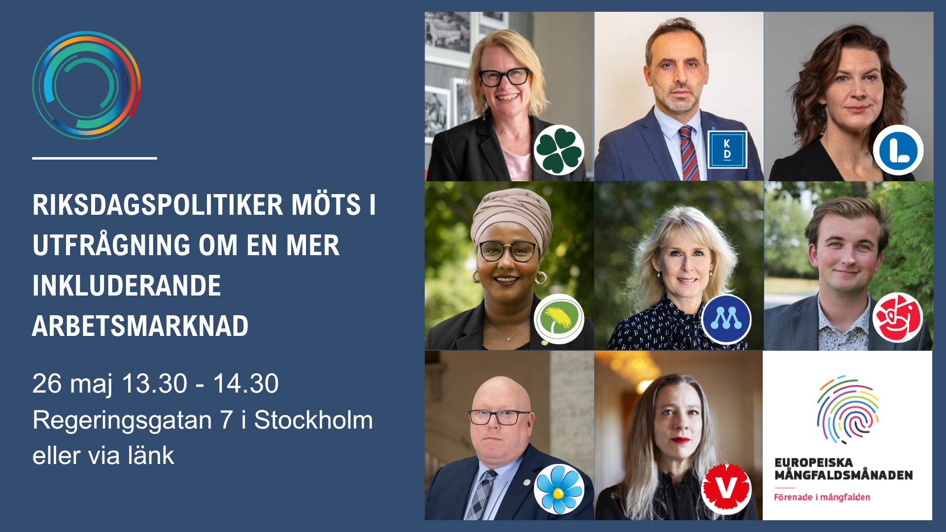 Politikerutfrågning. Bild och logga på alla deltagare.