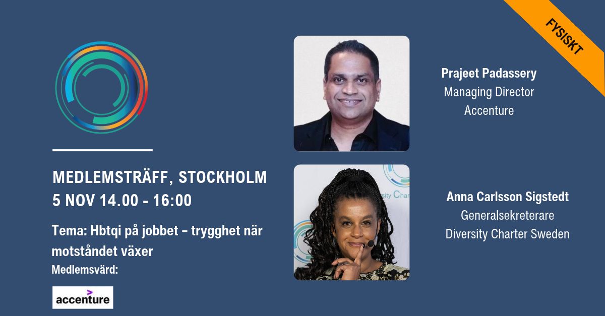 Toppbild med en man och en kvinna. Prajeet Padassery, Accenture och Anna Carlsson Sigstedt, Diversity Charter Sweden. Portättbilder med vit bakgrund. DCS Logo och text om evenemanget.