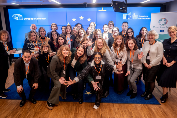 Representanter för Diversity Charter EU Platform i en gruppbild. I bakgrunden syns EU:s sjärnlogotyp.